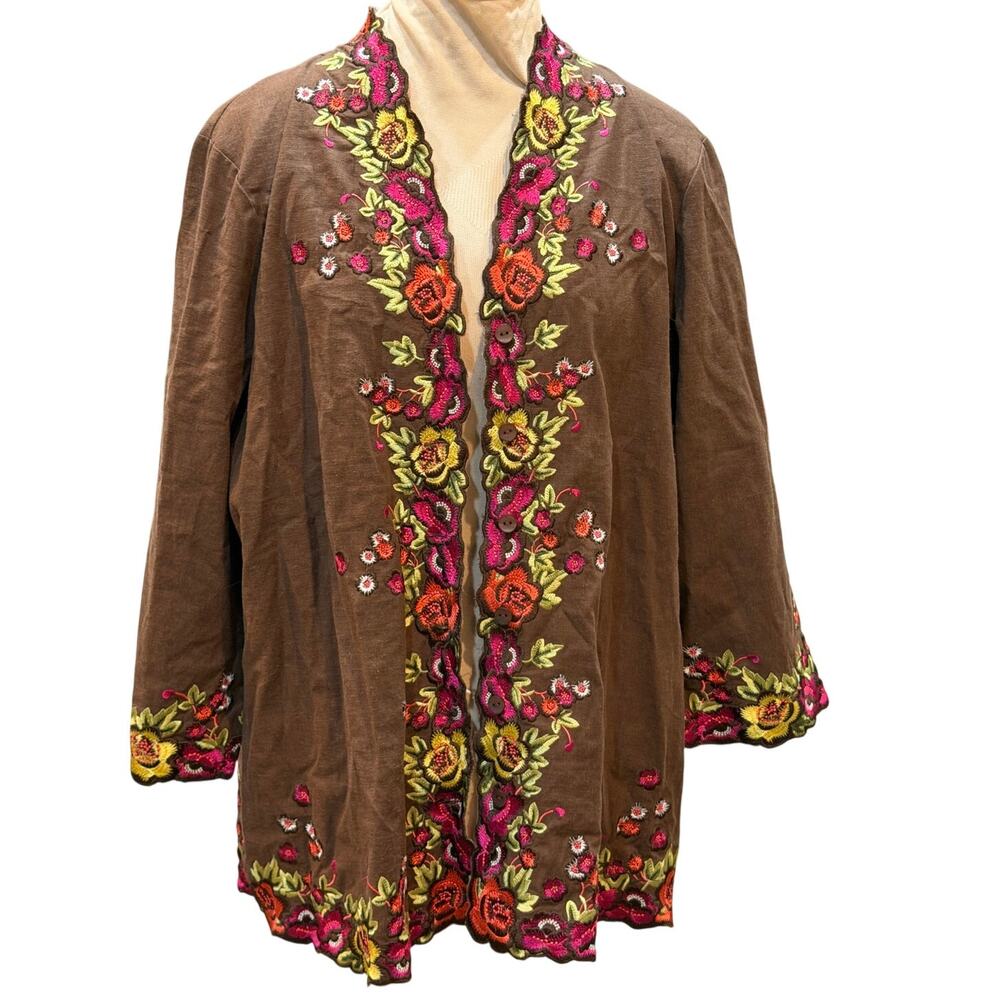 Susan Graver Style Jacket Brown Floral Embroidered Linen Blend Women’s Size L